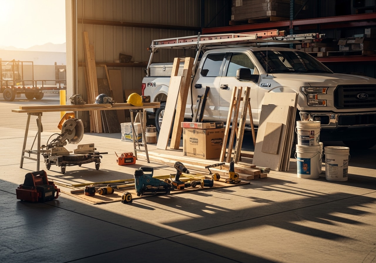Construction crew and tools on a residential remodeling project site, showcasing professional equipment and workspace setup.