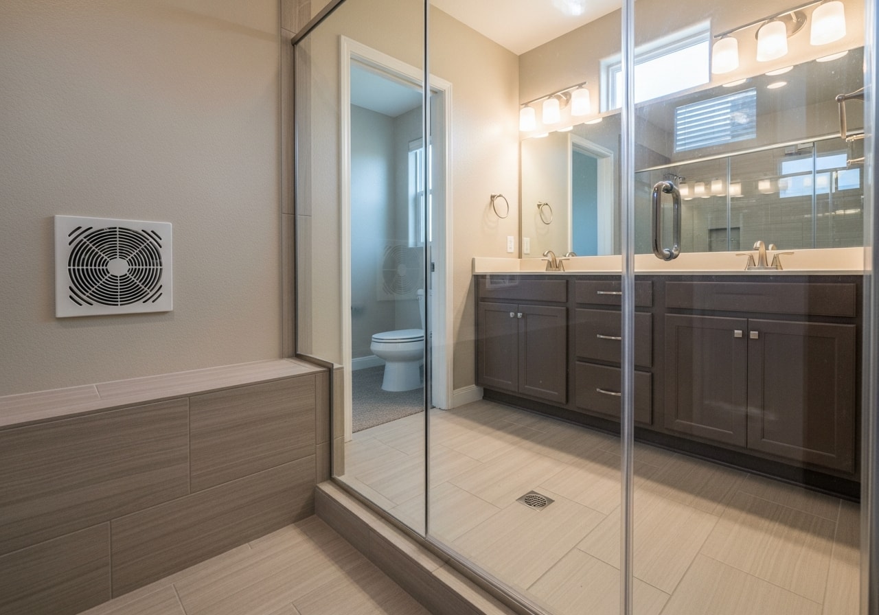 Spa-style bathroom with heated tile flooring, frameless shower, and dual-sink vanity in Henderson
