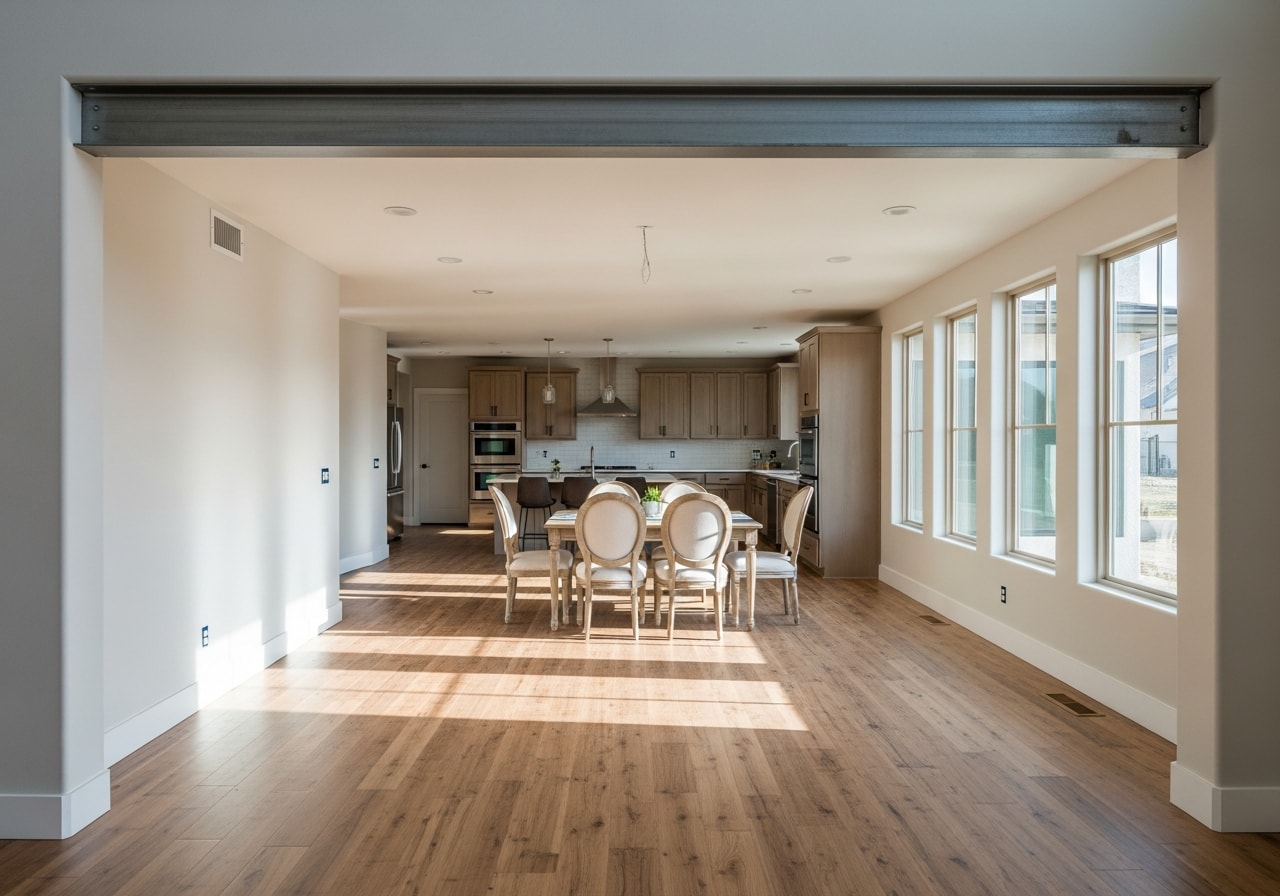 Open-concept kitchen and dining area with new beam, expanded layout, and modern finishes in Henderson