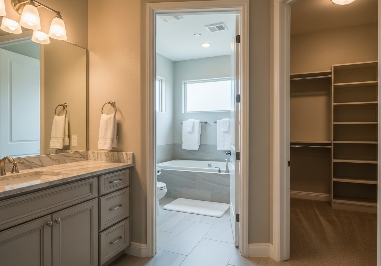 Luxury master bathroom with soaking tub, separate shower, and integrated walk-in closet in Summerlin