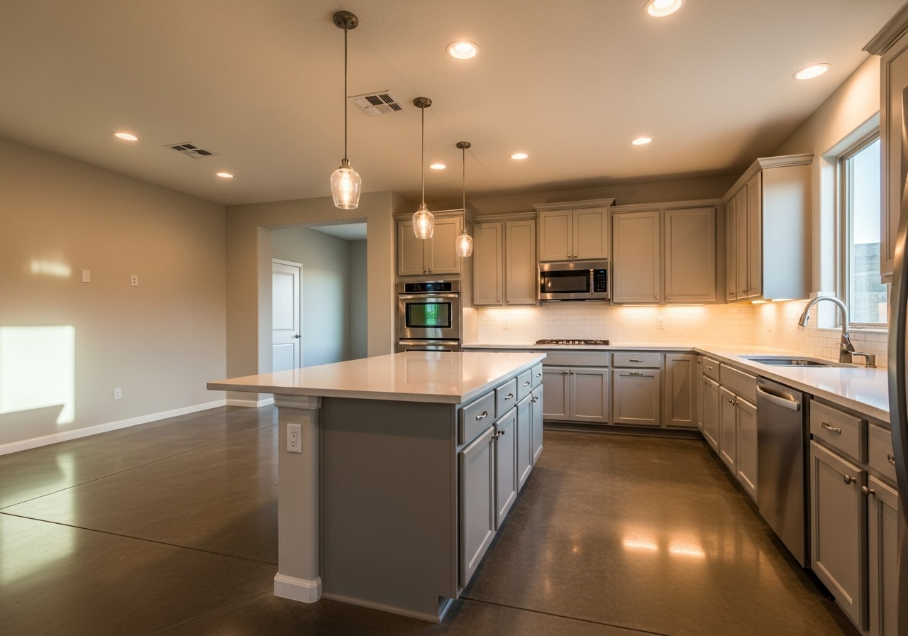 Modern kitchen with quartz countertops, white cabinetry, and stainless steel appliances in Summerlin home