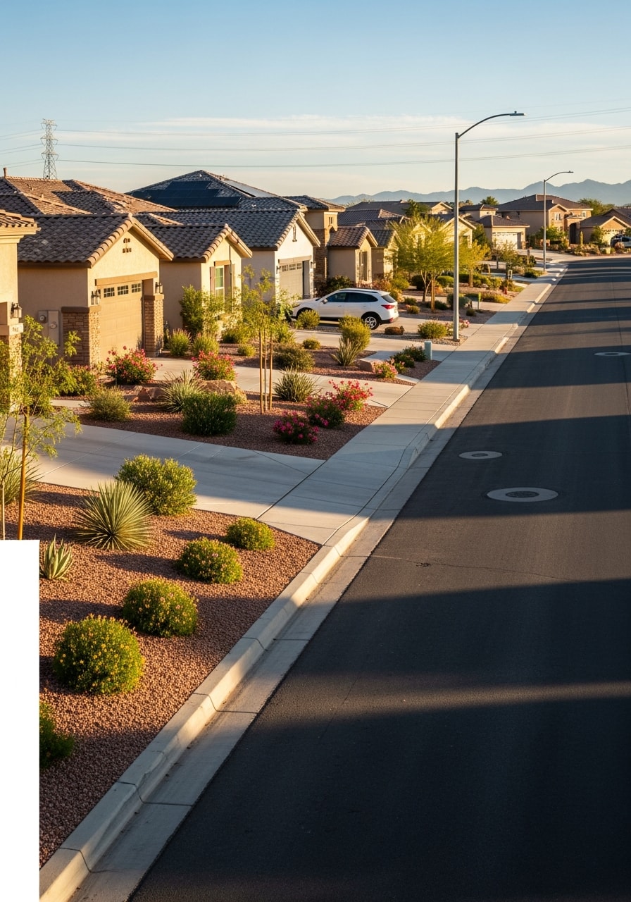 Henderson neighborhood street with mixed architectural styles and mature desert landscaping.