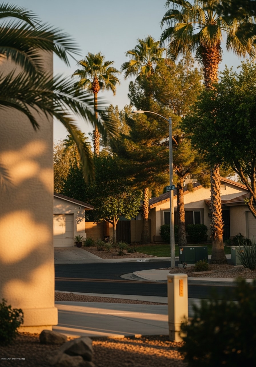 Las Vegas neighborhood street with palm trees and residential homes at dusk.