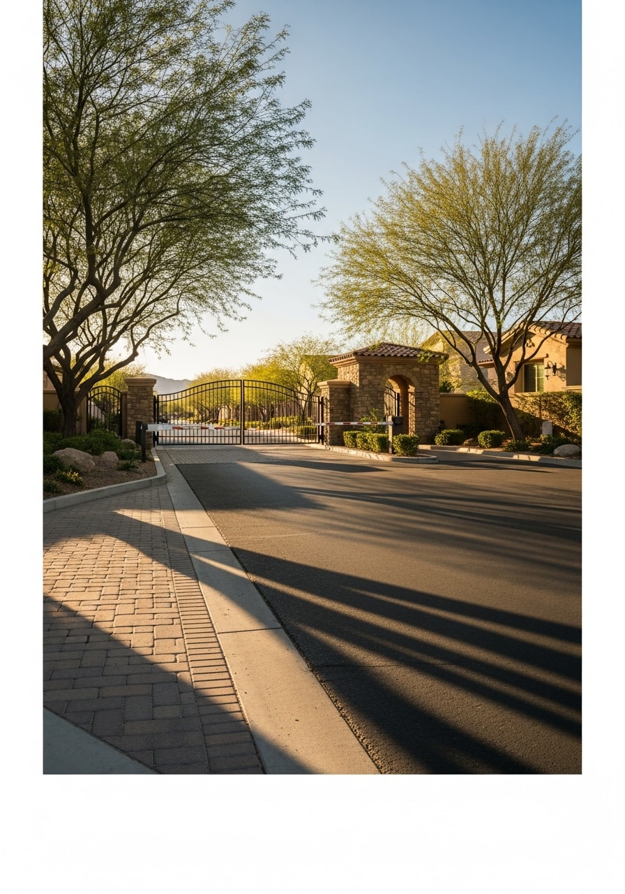 Summerlin residential street lined with mature trees and gated community entrance.