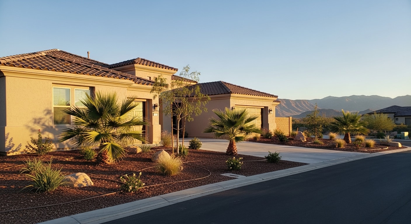 Upscale Summerlin home with manicured landscaping and desert-adapted plants in afternoon sunlight.