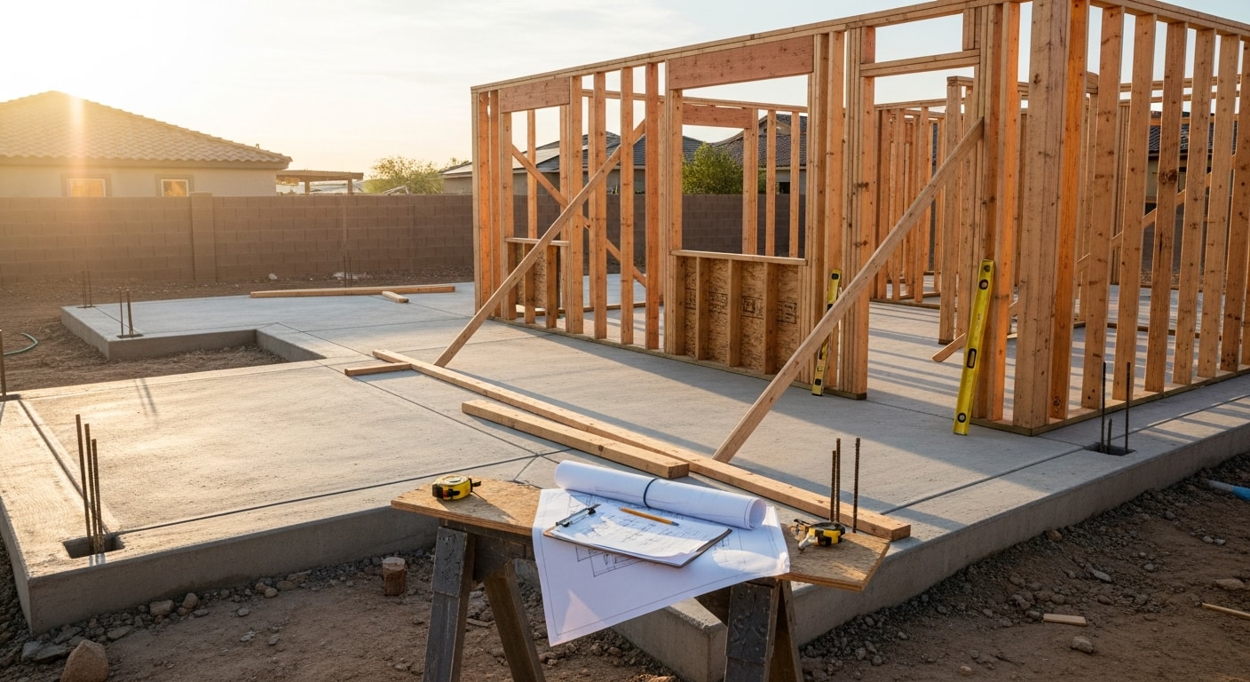 A newly completed detached ADU with a private entrance and desert-adapted exterior finishes on a residential lot in Summerlin, Las Vegas. The single-story structure sits behind the primary home with a concrete walkway leading to the front door.