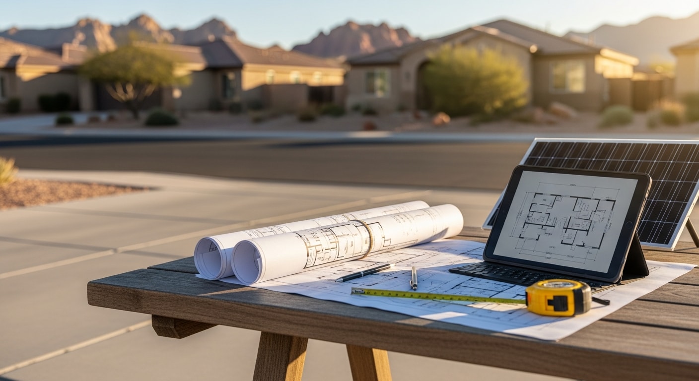 A Ness Construction ADU design consultation in progress at a Summerlin residential property, showing a contractor reviewing site plans with a homeowner in a backyard. The primary home and available lot space for a detached accessory dwelling unit are visible in the background.