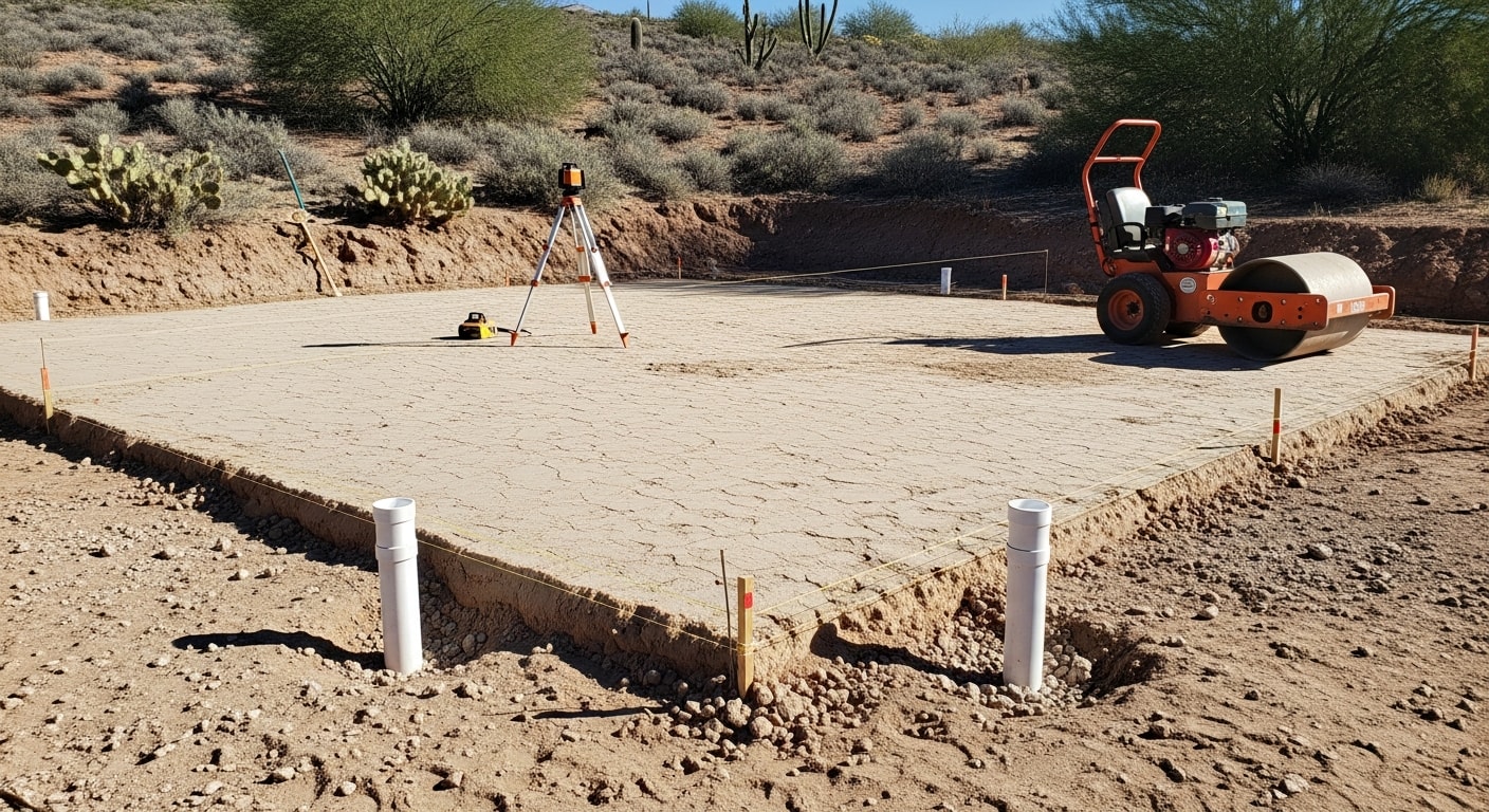 A cleared and graded residential backyard in Summerlin, Las Vegas, showing a compacted building pad prepared for ADU foundation work. Orange construction stakes mark the footprint of the planned accessory dwelling unit on a desert lot.