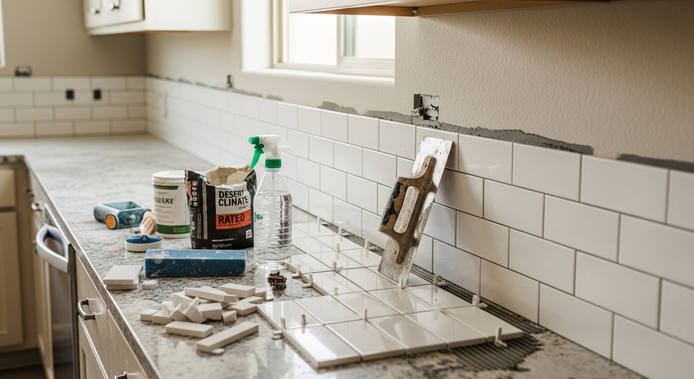 Freshly installed kitchen backsplash with clean grout lines behind a range in a Summerlin, Las Vegas home. The tile runs from the countertop to the upper cabinets, showing a complete and level installation.