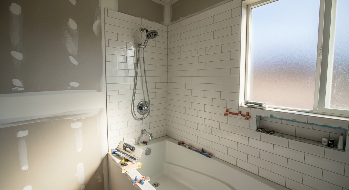 A remodeled primary bathroom in a Summerlin, Las Vegas home featuring a walk-in tile shower, updated vanity, and modern fixtures. Clean grout lines and hard water-resistant finishes are visible throughout the space.