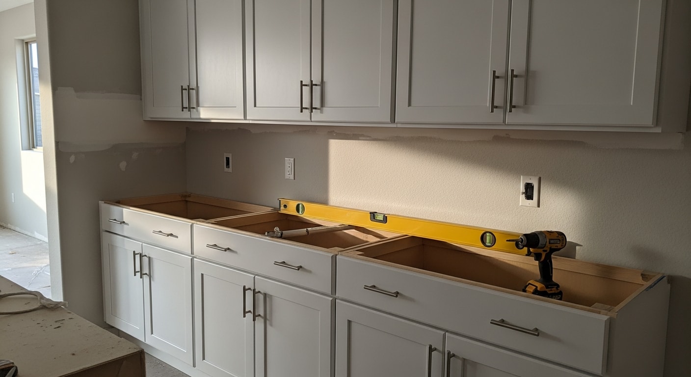 Newly installed white shaker kitchen cabinets with brushed hardware in a Summerlin, Las Vegas home featuring an open-concept layout. Upper and lower cabinet runs are set flush and level against a light-painted wall adjacent to the living area.