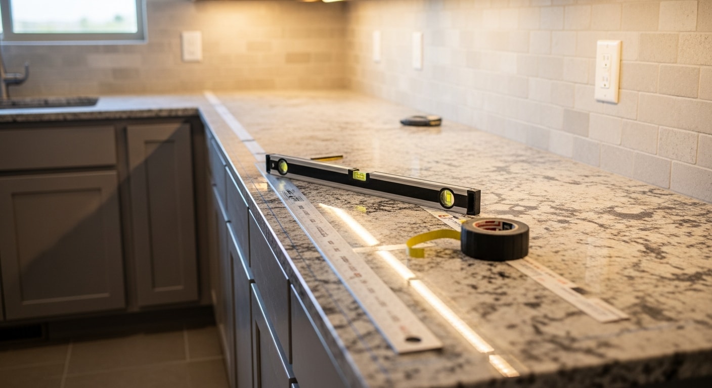 Newly installed stone countertop on a kitchen island inside a Summerlin, Las Vegas home, with clean edge finishing and an undermount sink set flush against the surface. The open-concept kitchen layout shows the countertop as the central work surface in the room.