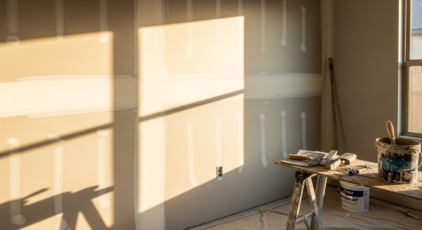 A freshly finished drywall interior in a Summerlin home showing smooth, paint-ready walls and clean ceiling joints. A general contractor reviews the completed installation before the painting phase begins.