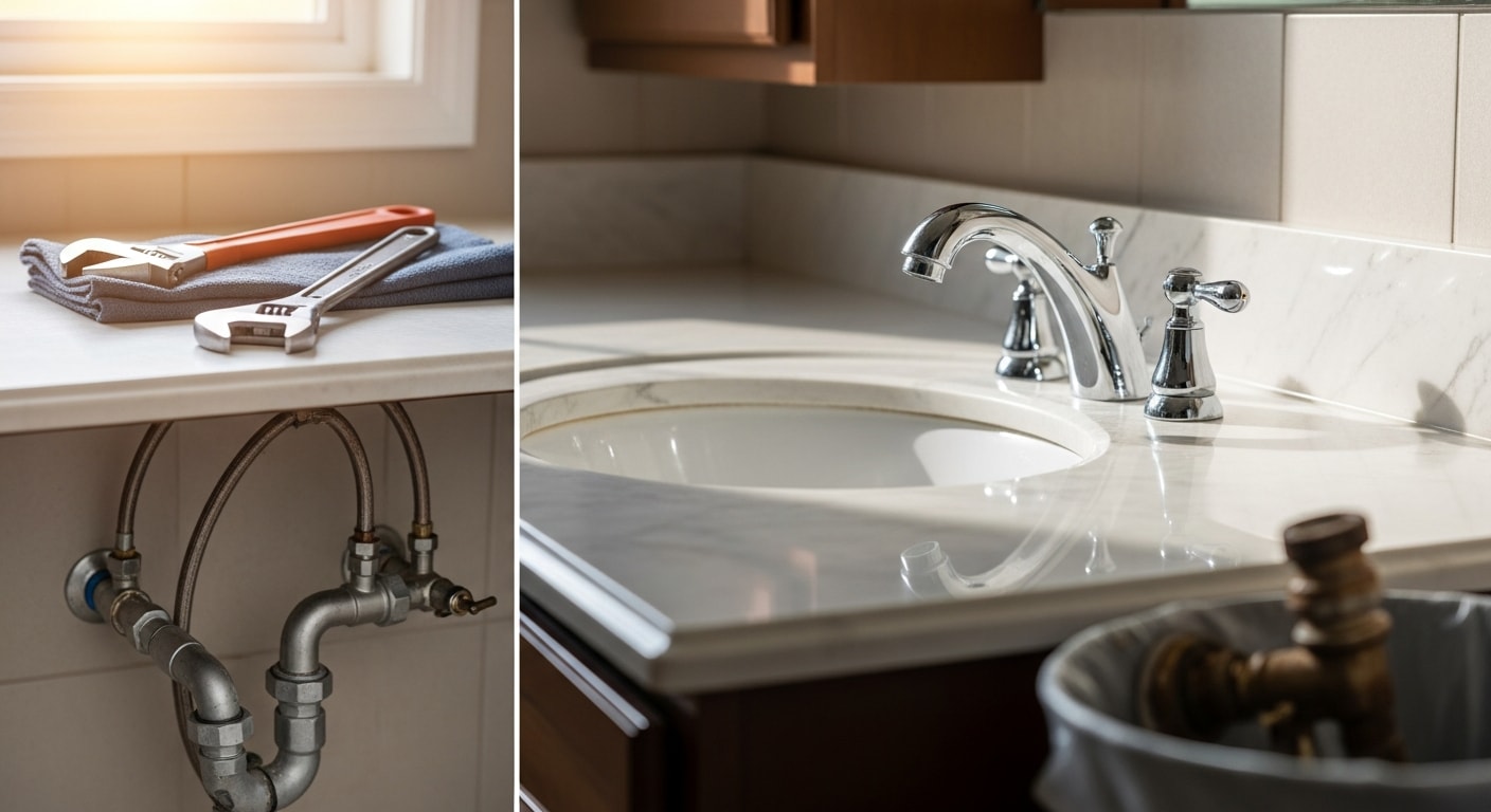A newly installed bathroom faucet and sink fixture in a Summerlin, Las Vegas home, showing clean chrome hardware and updated vanity plumbing. The finished installation reflects a modern fixture replacement completed by Ness Construction.