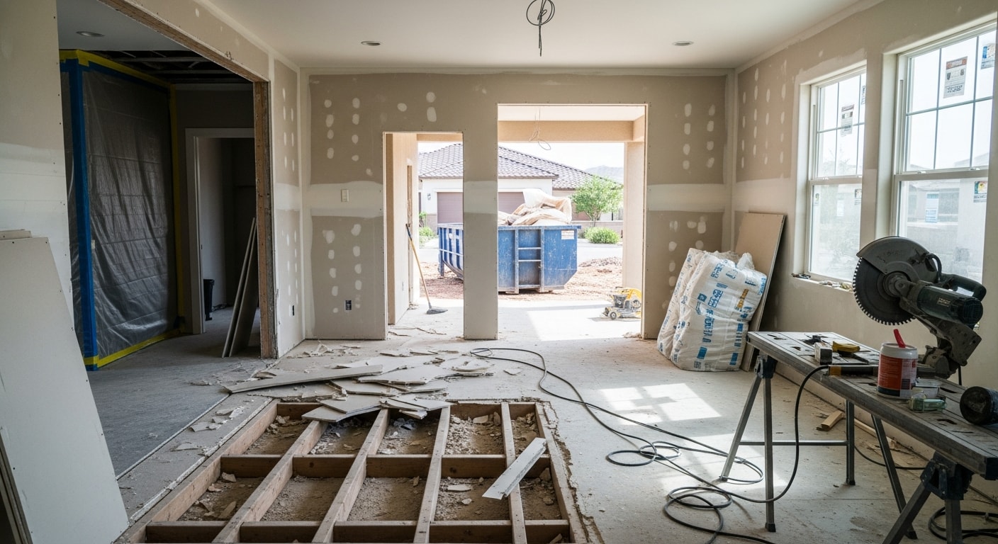 Interior demolition in progress inside a Summerlin home, with drywall removed down to the studs and flooring stripped in preparation for a kitchen renovation. Debris is staged for removal while adjacent rooms remain protected.
