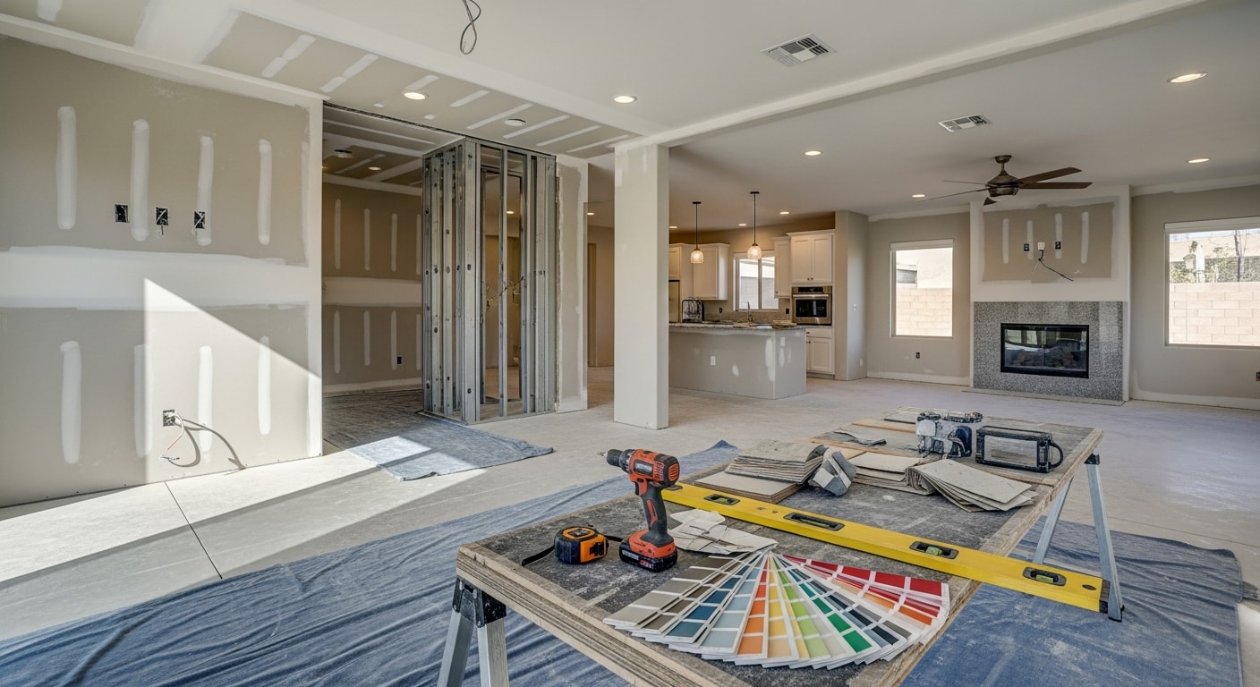 A remodeled living room interior in a Summerlin, Las Vegas home featuring an open layout, updated flooring, and recessed lighting. The space shows a clean, functional design with desert-appropriate finishes suited to the Nevada climate.