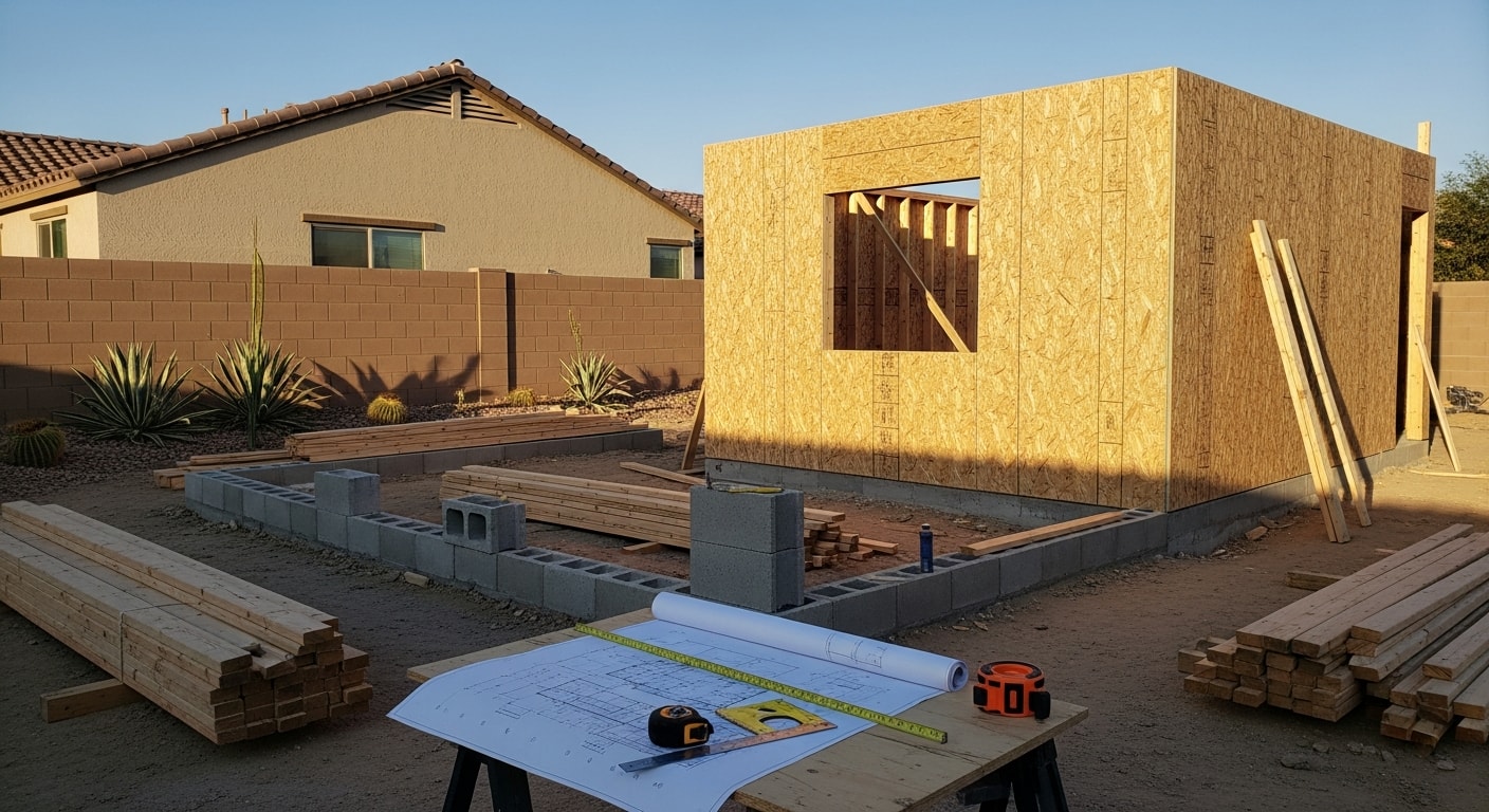 A newly constructed detached accessory dwelling unit in a Summerlin, Las Vegas backyard, featuring a stucco exterior and covered entry that matches the style of the primary home. The unit sits on a finished concrete pad with desert landscaping along the perimeter.