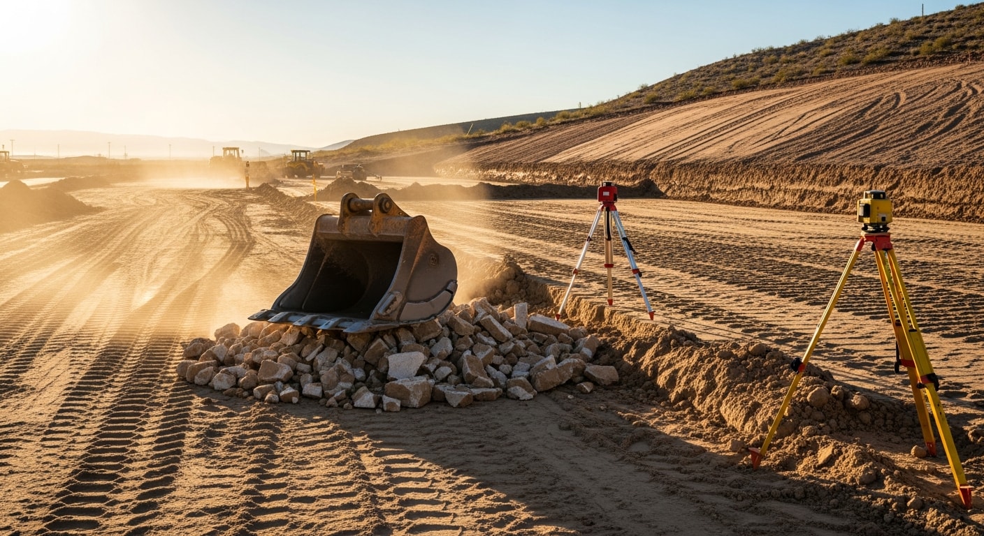 A Summerlin, Las Vegas residential build site after professional site preparation, showing a level, compacted dirt pad with graded edges and cleared desert terrain ready for foundation work. Excavated caliche and sandy desert soil are visible at the site perimeter alongside earthmoving equipment.